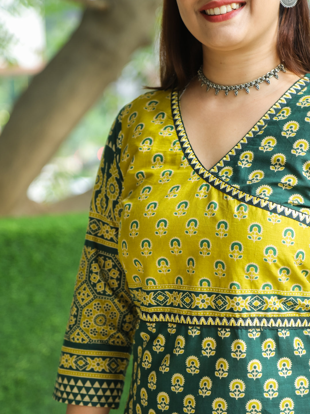 Shaniya Sacramneto Green Angrakha Style Neck in Ajrak Printed Cotton Kurti