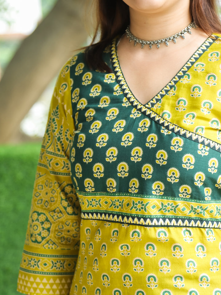 Shaniya Lemon Yellow Angrakha Style Neck in Ajrak Printed Cotton Kurti