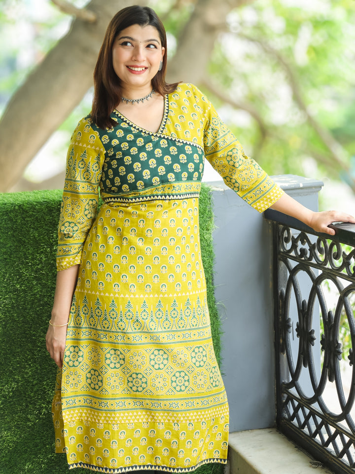 Shaniya Lemon Yellow Angrakha Style Neck in Ajrak Printed Cotton Kurti