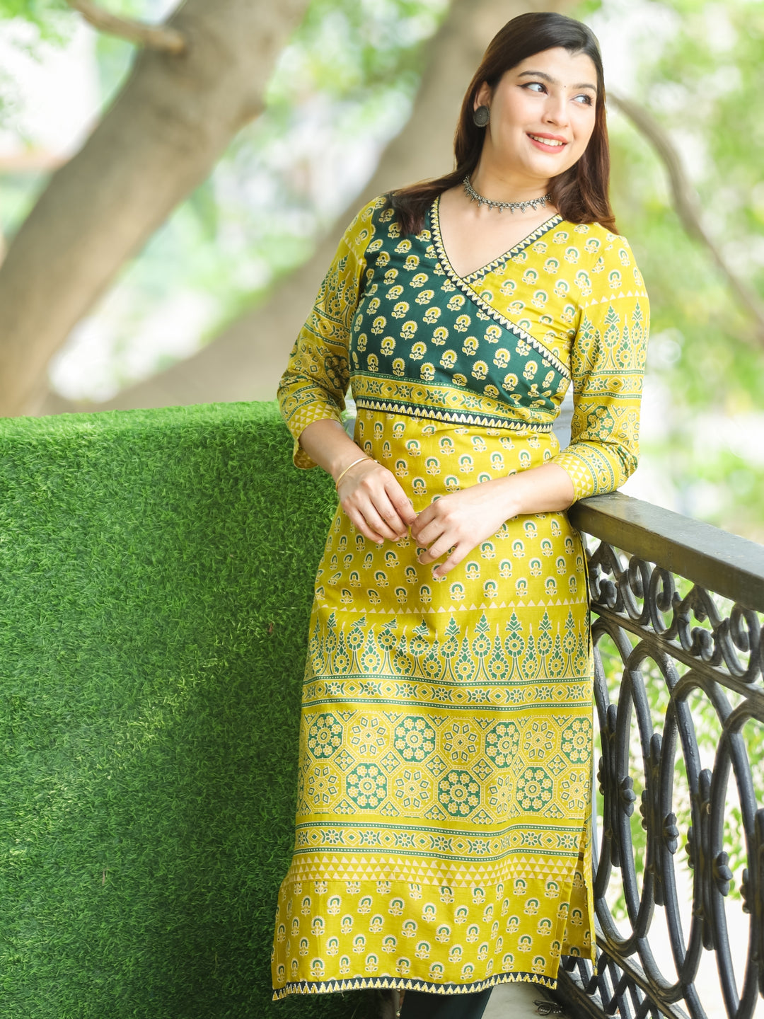 Shaniya Lemon Yellow Angrakha Style Neck in Ajrak Printed Cotton Kurti
