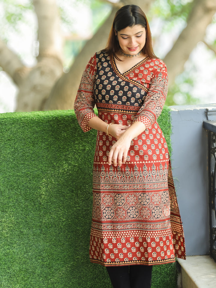Shaniya Maroon Red Angrakha Style Neck in Ajrak Printed Cotton Kurti