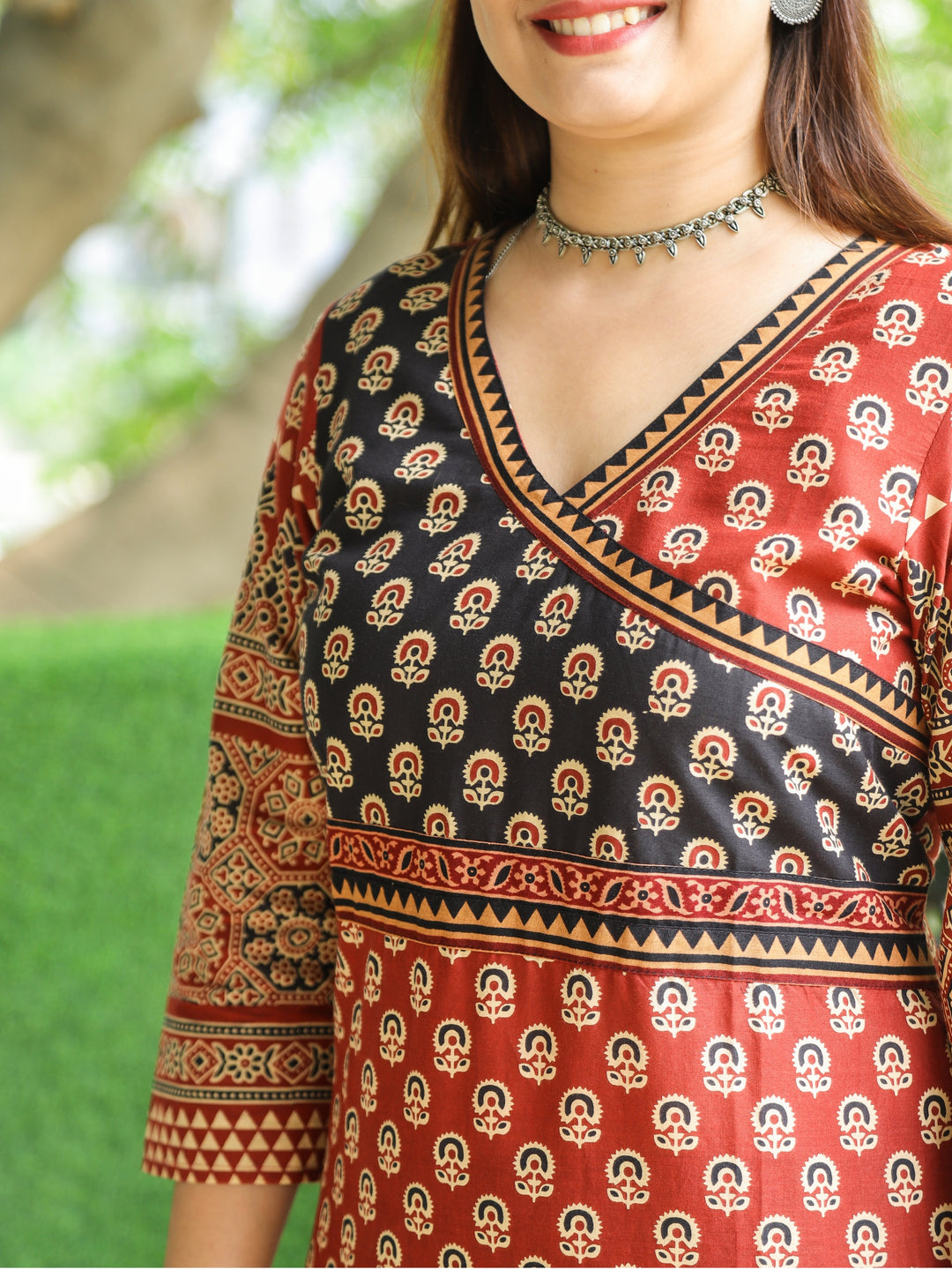 Shaniya Maroon Red Angrakha Style Neck in Ajrak Printed Cotton Kurti