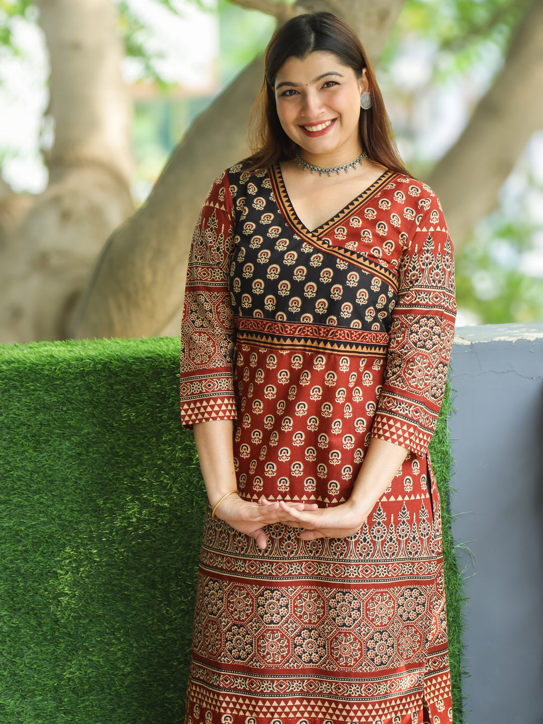 Shaniya Maroon Red Angrakha Style Neck in Ajrak Printed Cotton Kurti