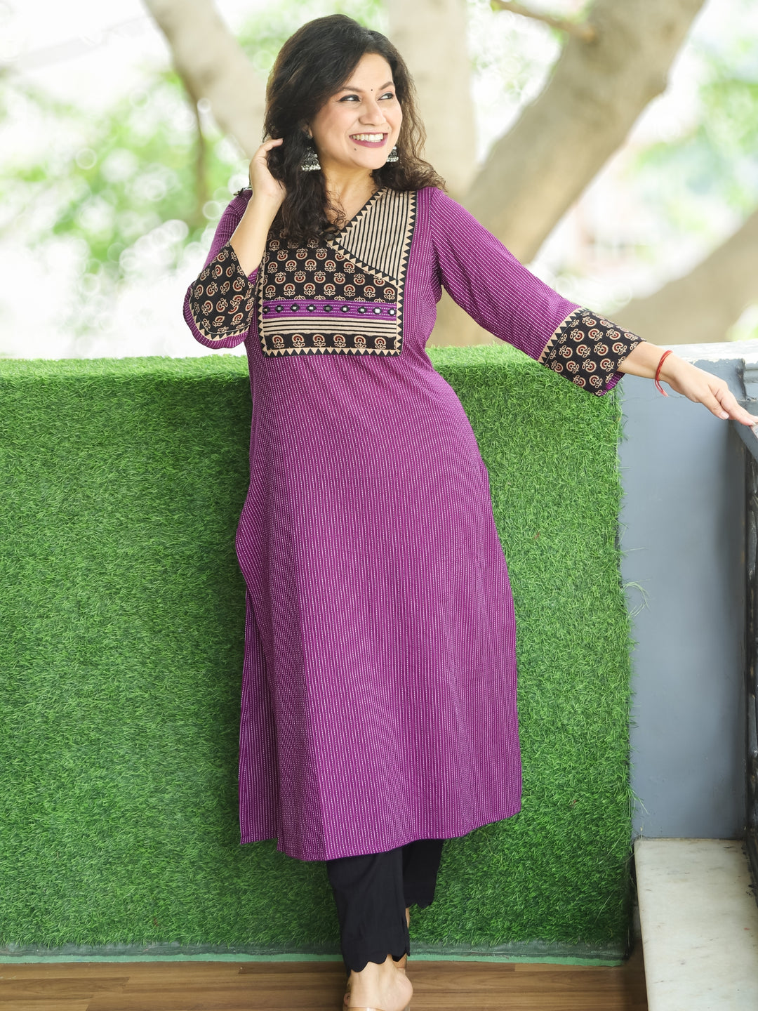 Ada Dark Purple Ajrak Printed Angrakha Yoke with Mirror Work Running Stitch Cotton Kurti