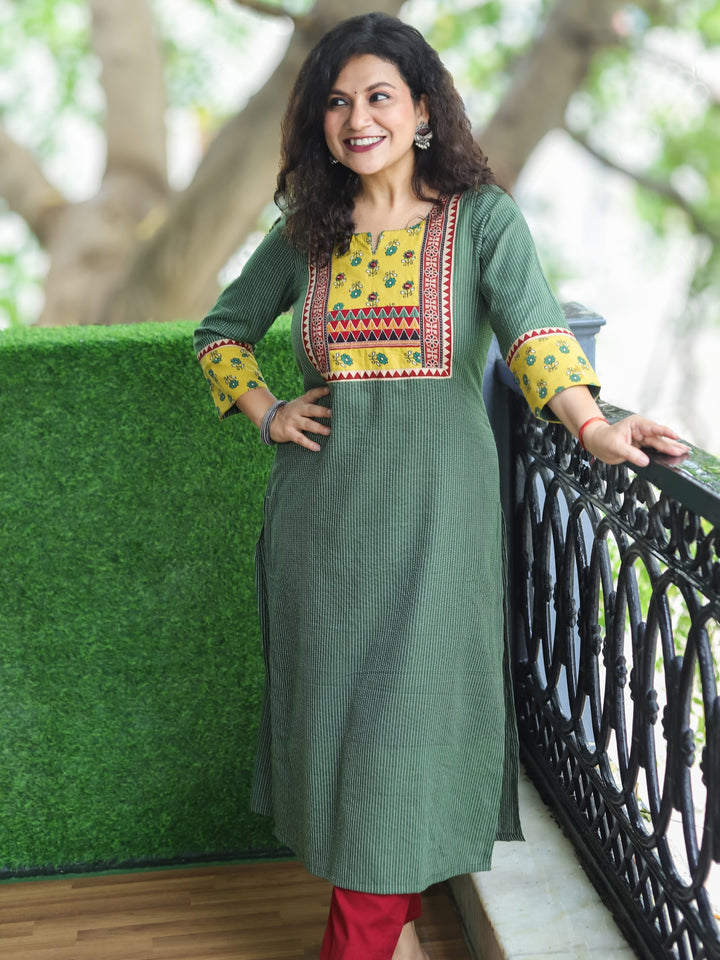 Mehek Forest Green with Ajrak Printed Yoke and Mirror Work Running Stitch Cotton Kurti