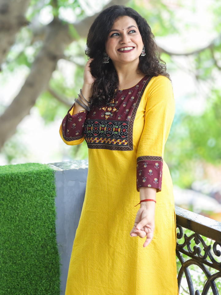Mehek Bright Yellow with Floral printed Yoke and Mirror Work Running Stitch Cotton Kurti