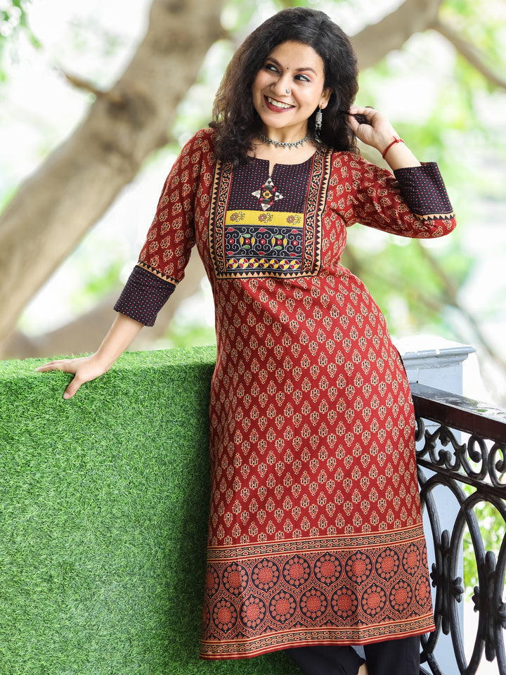 Mohini Barn Red Kutch Mirror Yoke with Embroidery Work Gamthi Print Cotton Kurti