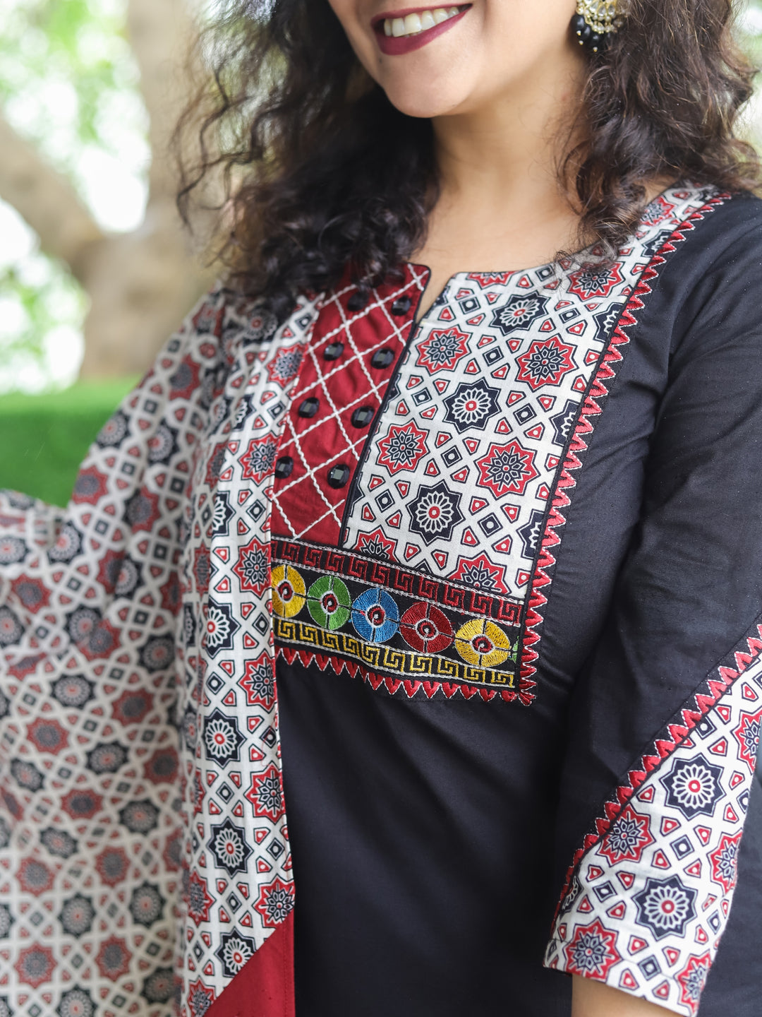 Kumkum Ebony Black Kutch Patch Mirror and Thread Embroidery Cotton 3 Piece Set