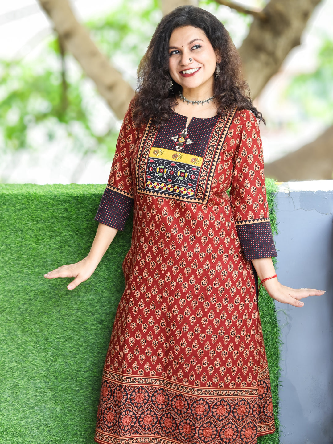 Mohini Barn Red Kutch Mirror Yoke with Embroidery Work Gamthi Print Cotton Kurti
