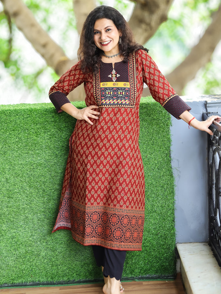 Mohini Barn Red Kutch Mirror Yoke with Embroidery Work Gamthi Print Cotton Kurti
