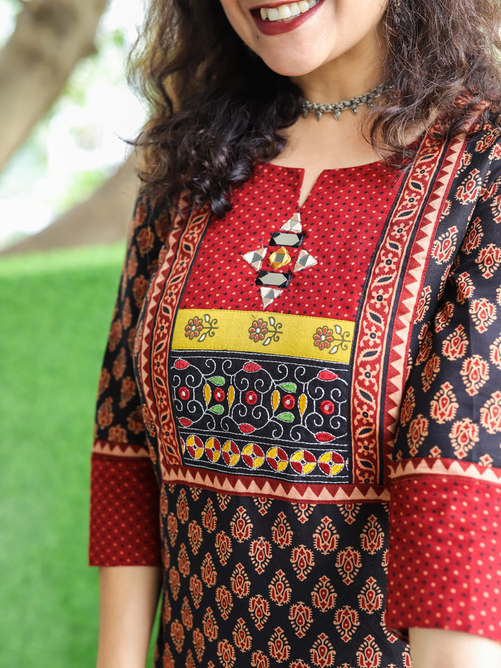 Mohini Coal Black Kutch Mirror Yoke with Embroidery Work Gamthi Print Cotton Kurti