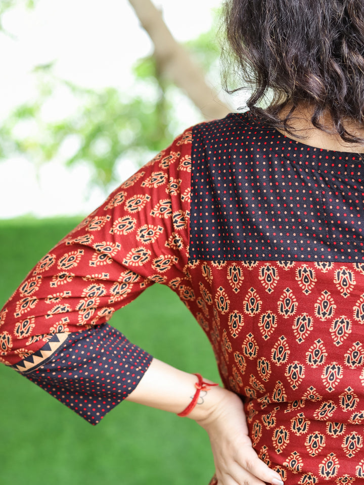 Mohini Barn Red Kutch Mirror Yoke with Embroidery Work Gamthi Print Cotton Kurti