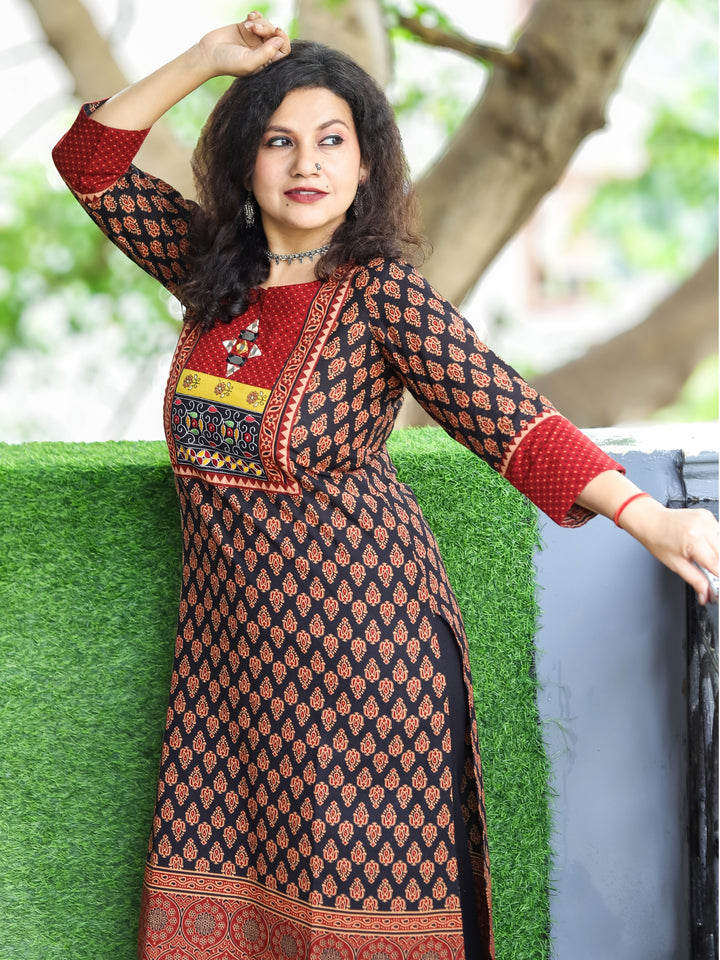 Mohini Coal Black Kutch Mirror Yoke with Embroidery Work Gamthi Print Cotton Kurti