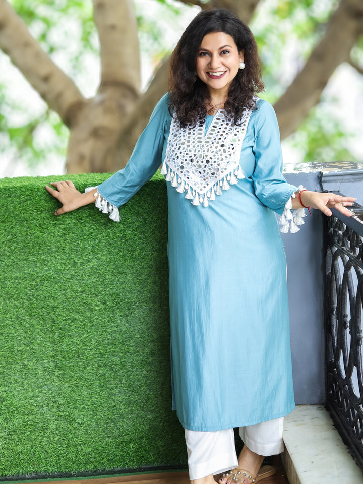 Sitara Powder Blue Mirror Work Patch with Shell and Tessal Detailing Roman Silk Kurti