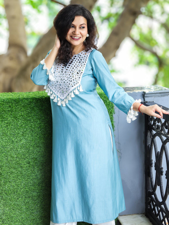 Sitara Powder Blue Mirror Work Patch with Shell and Tessal Detailing Roman Silk Kurti