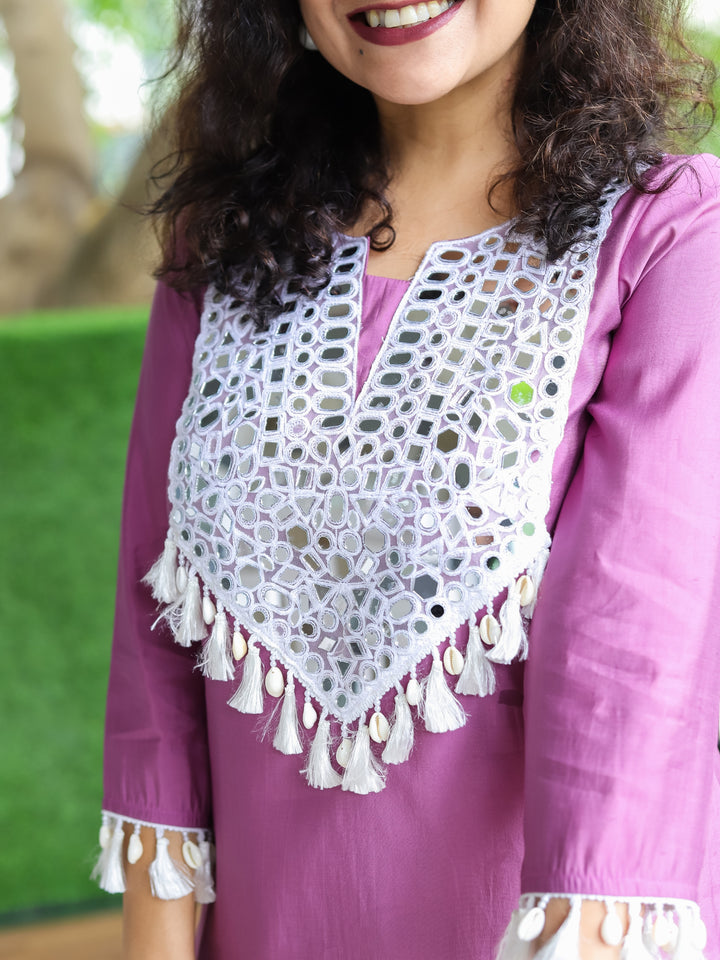 Sitara Lilly Lilac Mirror Work Patch with Shell and Tessal Detailing Roman Silk Kurti