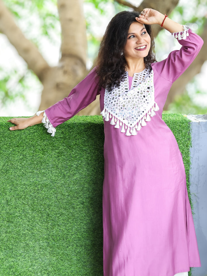 Sitara Lilly Lilac Mirror Work Patch with Shell and Tessal Detailing Roman Silk Kurti