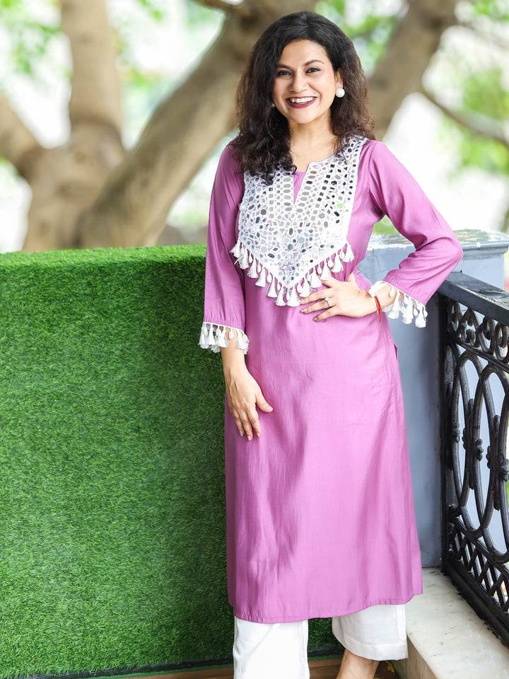 Sitara Lilly Lilac Mirror Work Patch with Shell and Tessal Detailing Roman Silk Kurti
