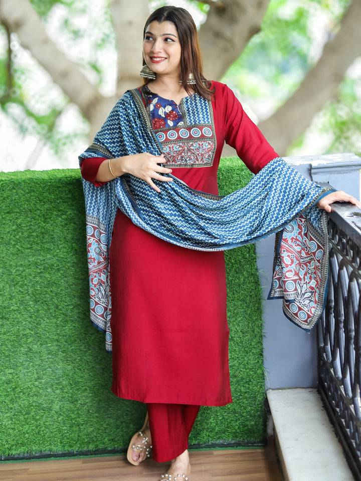 Roohi Maroon Red Floral Printed Patch Yoke with Patra Work Modal 3 Piece Set