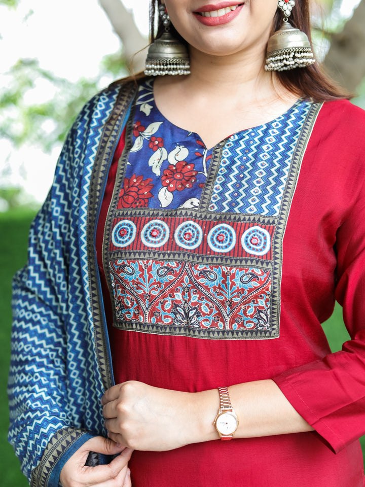 Roohi Maroon Red Floral Printed Patch Yoke with Patra Work Modal 3 Piece Set