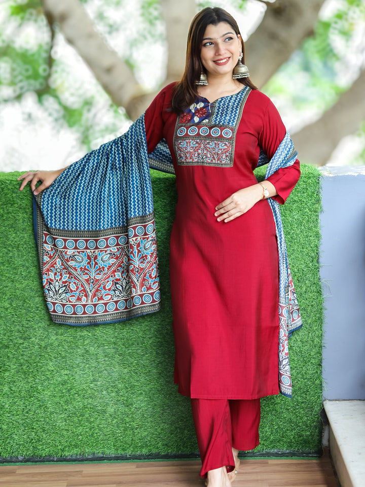 Roohi Maroon Red Floral Printed Patch Yoke with Patra Work Modal 3 Piece Set