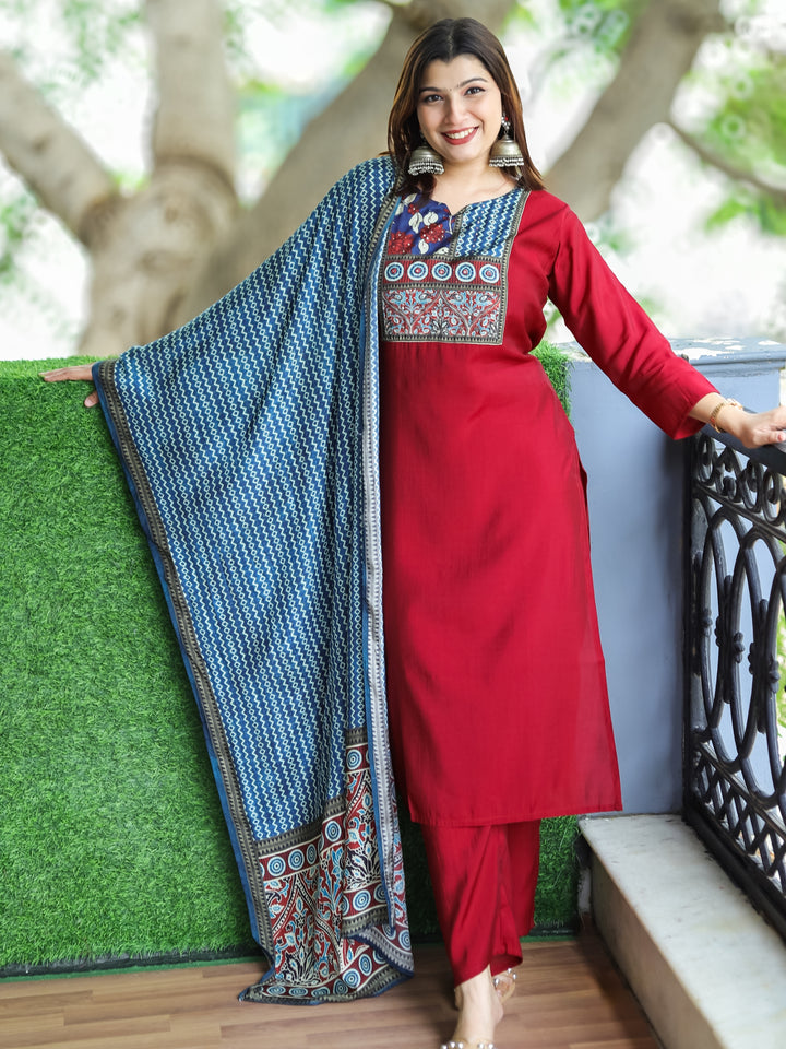 Roohi Maroon Red Floral Printed Patch Yoke with Patra Work Modal 3 Piece Set