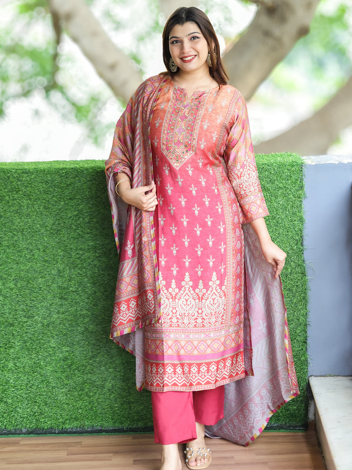 Roohi Pretty Pink Thread with Mirror Work Yoke in All Over Floral Print  Modal 3 Piece Set