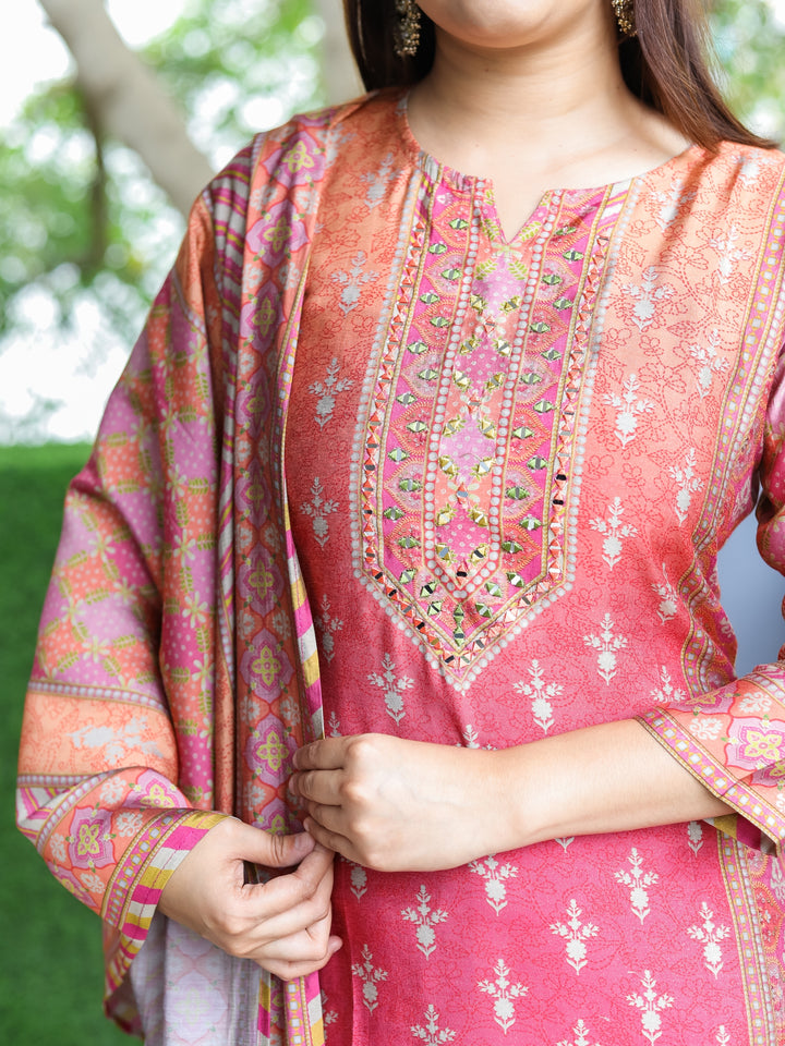 Roohi Pretty Pink Thread with Mirror Work Yoke in All Over Floral Print  Modal 3 Piece Set