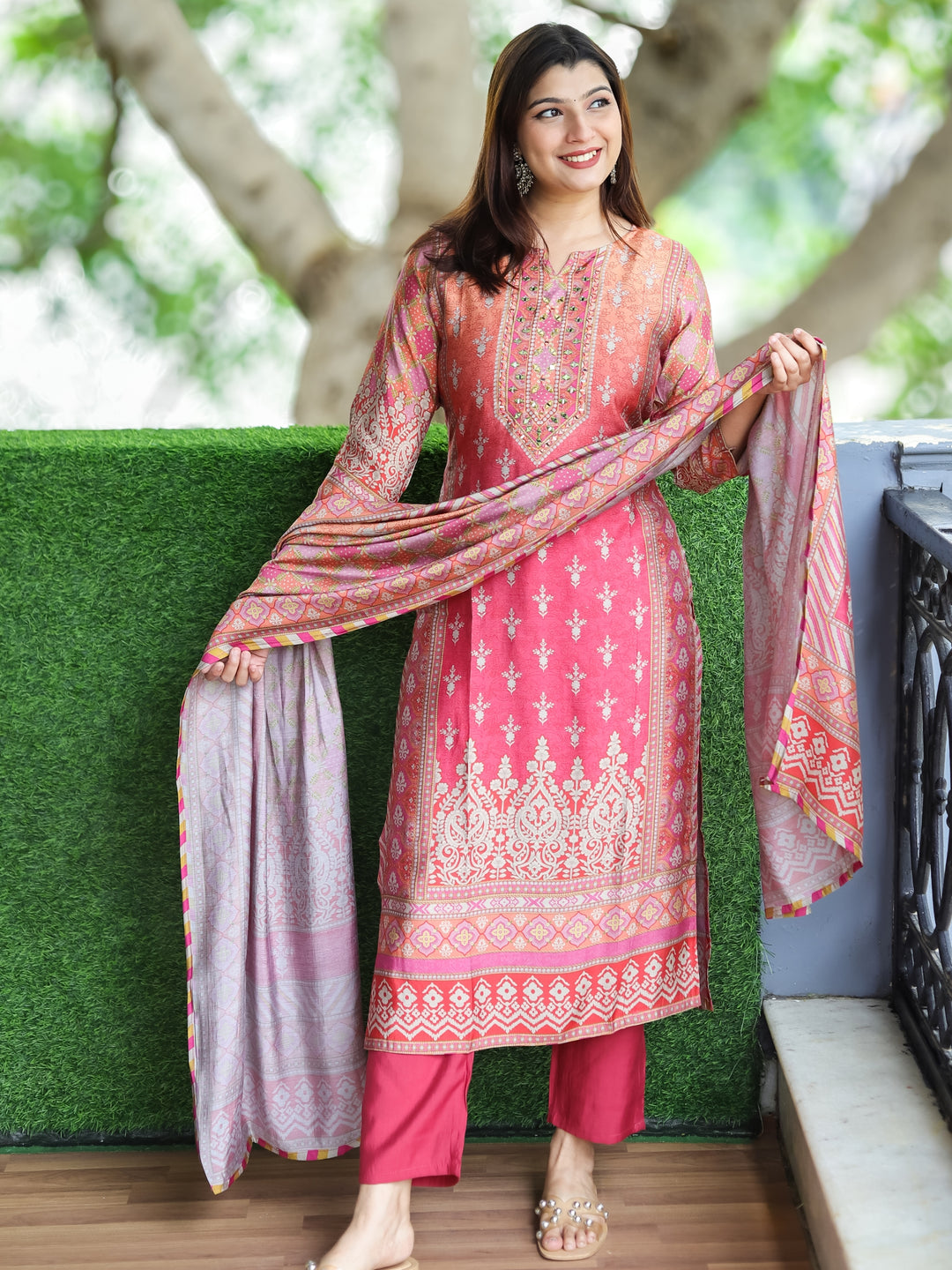 Roohi Pretty Pink Thread with Mirror Work Yoke in All Over Floral Print  Modal 3 Piece Set