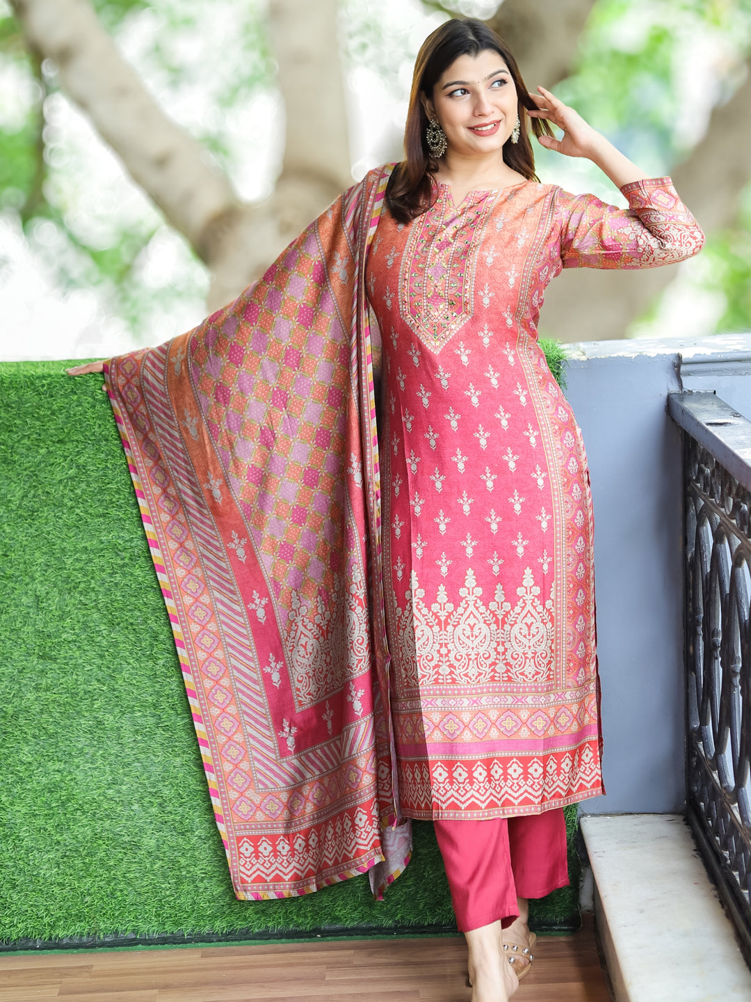Roohi Pretty Pink Thread with Mirror Work Yoke in All Over Floral Print  Modal 3 Piece Set