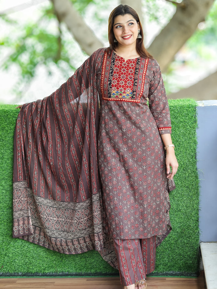 Roohi Tan Beige Ajrak Printed Yoke with Mirror in Floral Printed Cotton 3 Piece Set