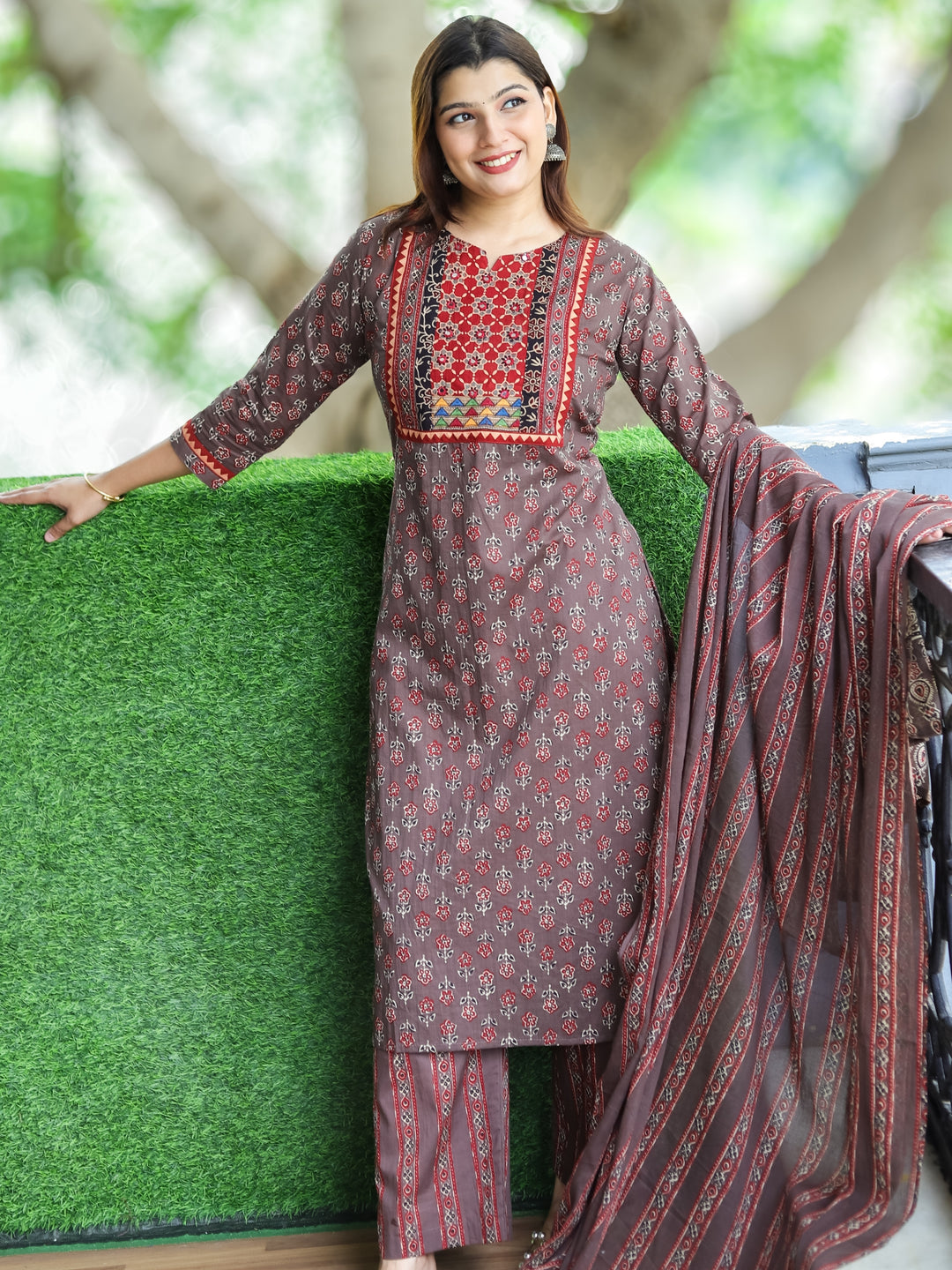Roohi Tan Beige Ajrak Printed Yoke with Mirror in Floral Printed Cotton 3 Piece Set