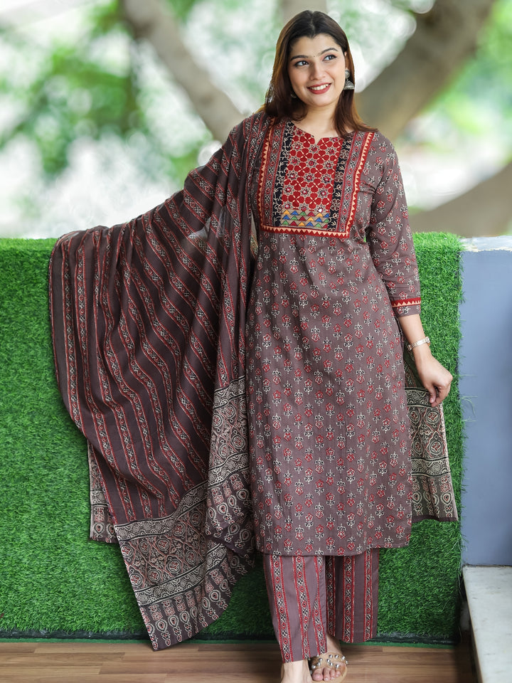 Roohi Tan Beige Ajrak Printed Yoke with Mirror in Floral Printed Cotton 3 Piece Set