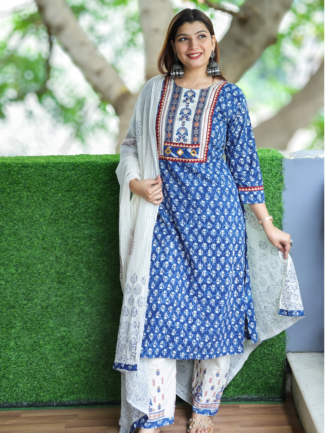 दर्शनी Indigo Blue Kutch Embroidery Neck Work Dabu Printed Cotton 3 Piece Set-D13