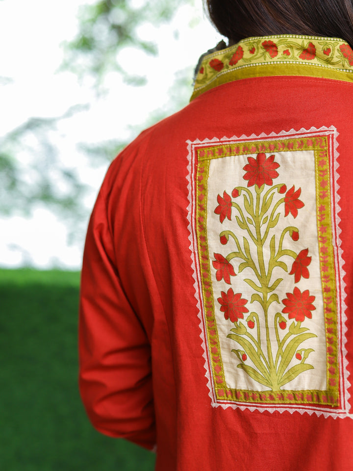 Roohi Persimmon Rust V Neck Floral Patch with Mirror Work Panel Style Cotton 3 Piece Set