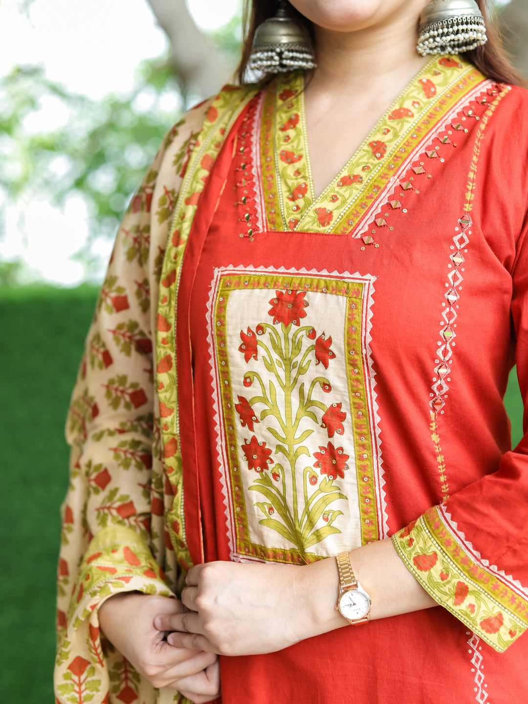 Roohi Persimmon Rust V Neck Floral Patch with Mirror Work Panel Style Cotton 3 Piece Set