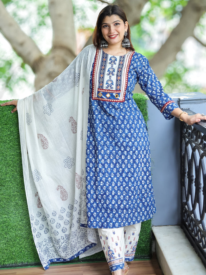 दर्शनी Indigo Blue Kutch Embroidery Neck Work Dabu Printed Cotton 3 Piece Set-D13