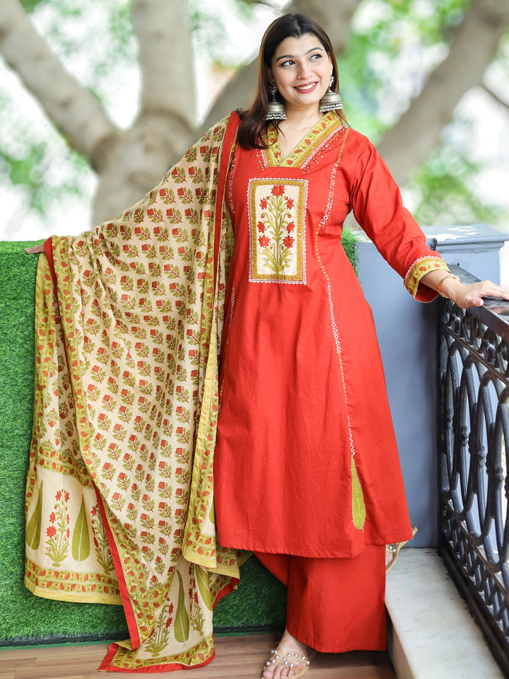 Roohi Persimmon Rust V Neck Floral Patch with Mirror Work Panel Style Cotton 3 Piece Set