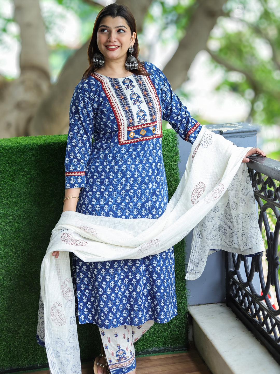 दर्शनी Indigo Blue Kutch Embroidery Neck Work Dabu Printed Cotton 3 Piece Set-D13