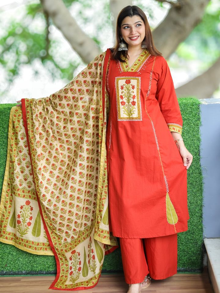 Roohi Persimmon Rust V Neck Floral Patch with Mirror Work Panel Style Cotton 3 Piece Set
