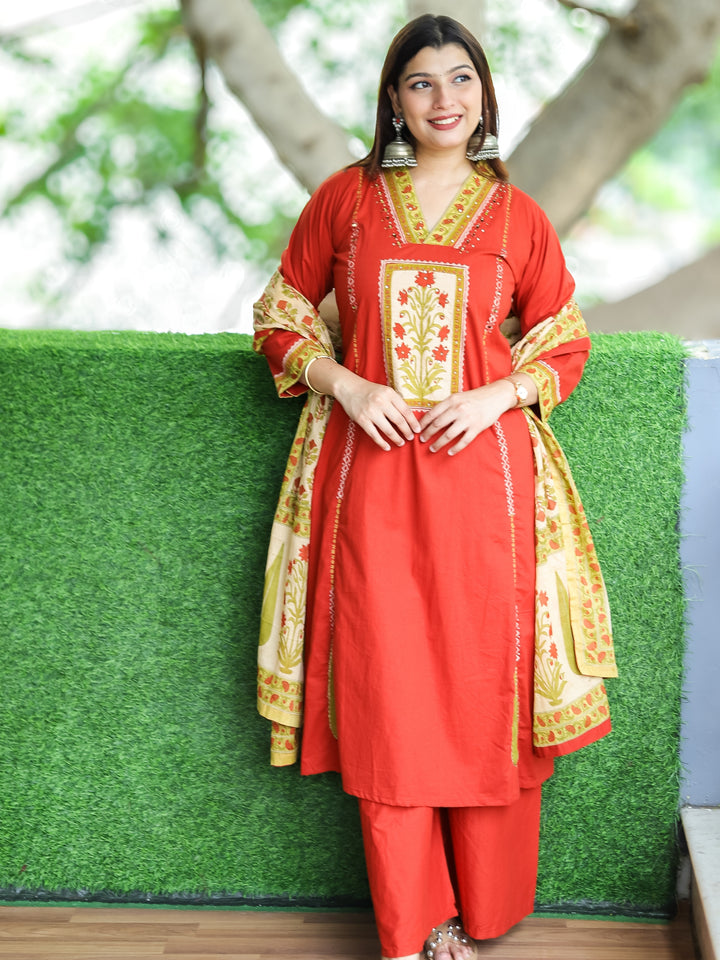 Roohi Persimmon Rust V Neck Floral Patch with Mirror Work Panel Style Cotton 3 Piece Set