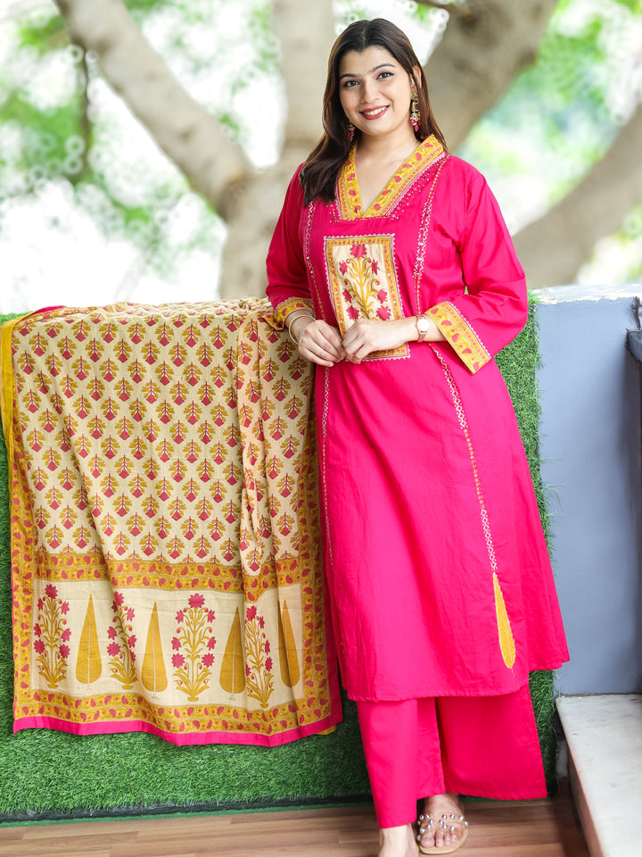 Roohi Bright Pink V Neck Floral Patch with Mirror Work Panel Style Cotton 3 Piece Set