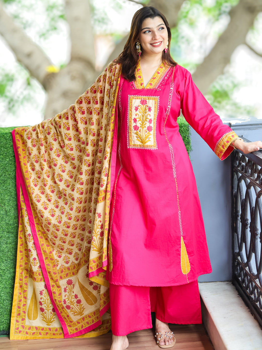 Roohi Bright Pink V Neck Floral Patch with Mirror Work Panel Style Cotton 3 Piece Set