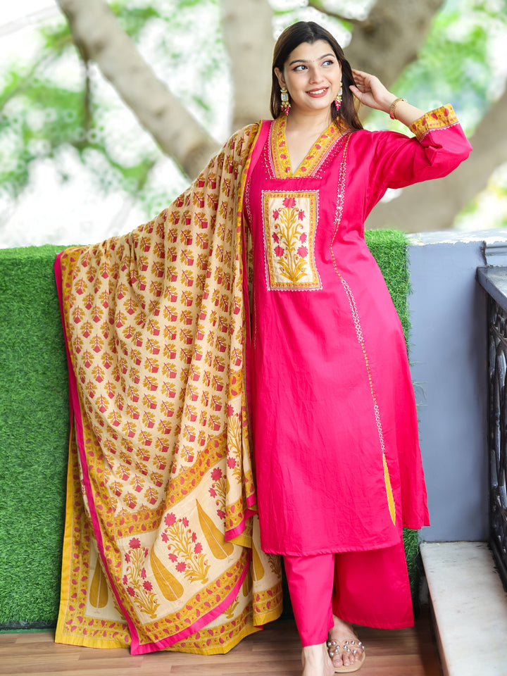 Roohi Bright Pink V Neck Floral Patch with Mirror Work Panel Style Cotton 3 Piece Set