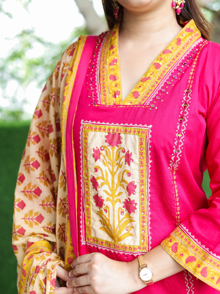 Roohi Bright Pink V Neck Floral Patch with Mirror Work Panel Style Cotton 3 Piece Set