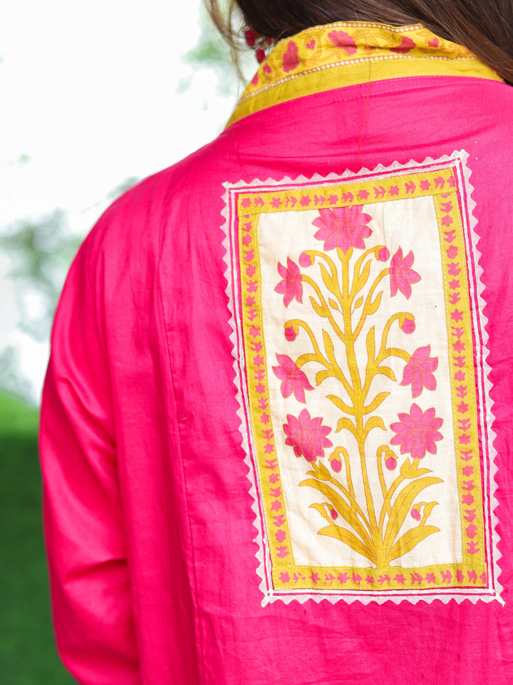 Roohi Bright Pink V Neck Floral Patch with Mirror Work Panel Style Cotton 3 Piece Set