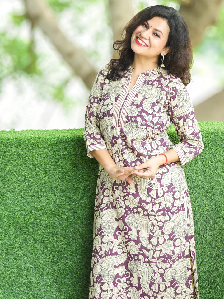 Sharmili Purple Ban Collar with Potli Button and Thread Kalamkari Floral Print Cotton Kurti