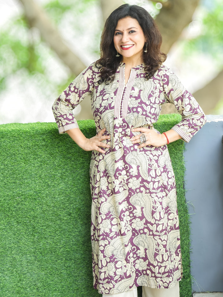 Sharmili Purple Ban Collar with Potli Button and Thread Kalamkari Floral Print Cotton Kurti