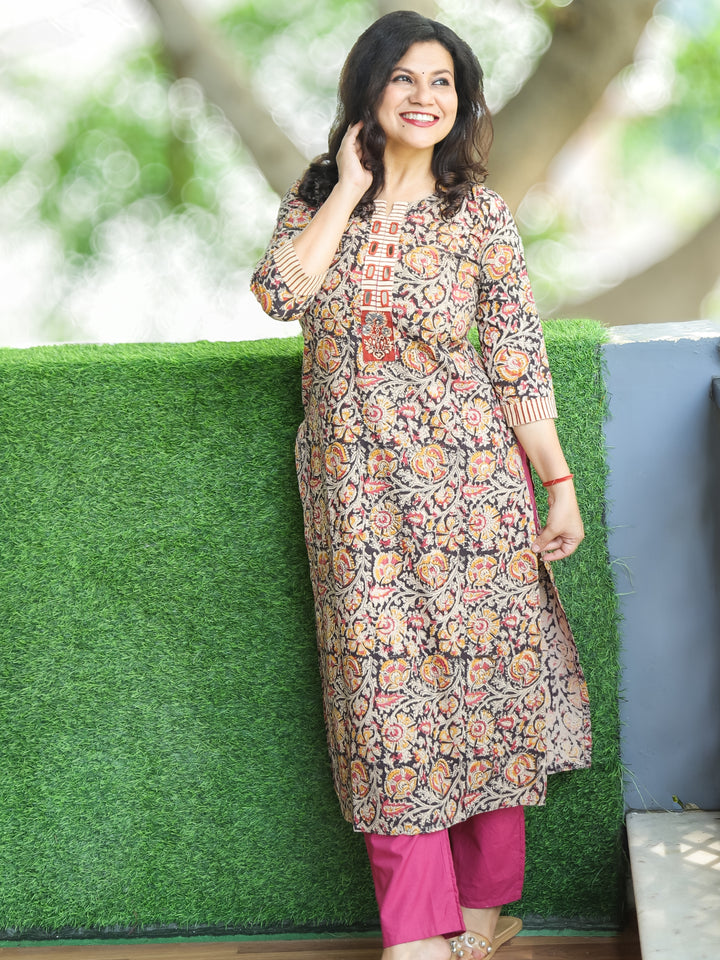 Shanti Pink and Black kalamkari Print with Mirror Work Cotton 2 Piece Set and Pink Bottom