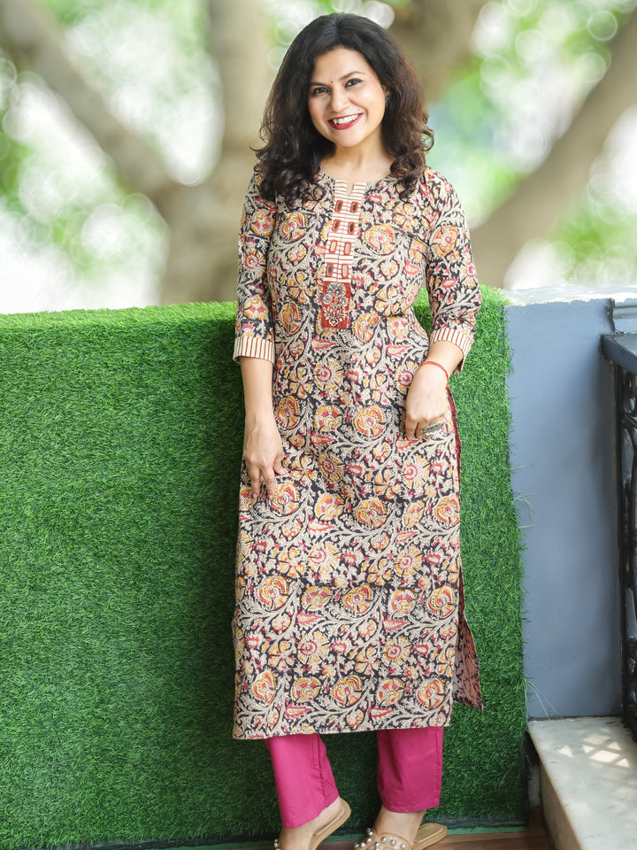 Shanti Pink and Black kalamkari Print with Mirror Work Cotton 2 Piece Set and Pink Bottom